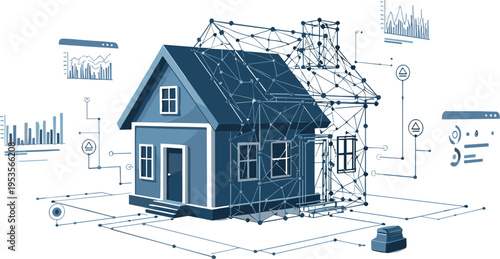 Smart home data analytics concept with digital house wireframe, IoT monitoring system, real estate technology and property management vector illustration