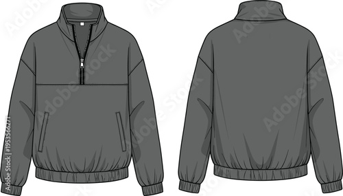 Minimalist gray half zip pullover jacket front and back view vector illustration casual windbreaker mockup design template apparel technical fashion