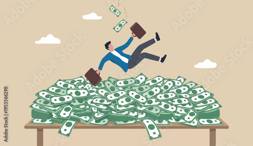Insurance, reserve money or emergency fund on business failure, mistake or accident, compensation money support a cushion concept, fail businessman falling huge big desk money banknotes safety cushion