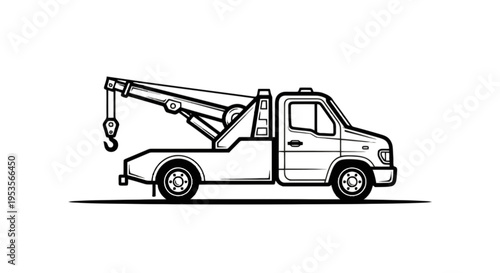 Tow truck with extended crane arm assisting a vehicle on the roadside isolated on transparent background, Vector