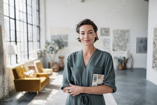 Confident woman with color swatches in modern studio