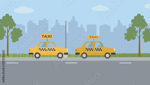Yellow taxis drive along a city street with a skyline view