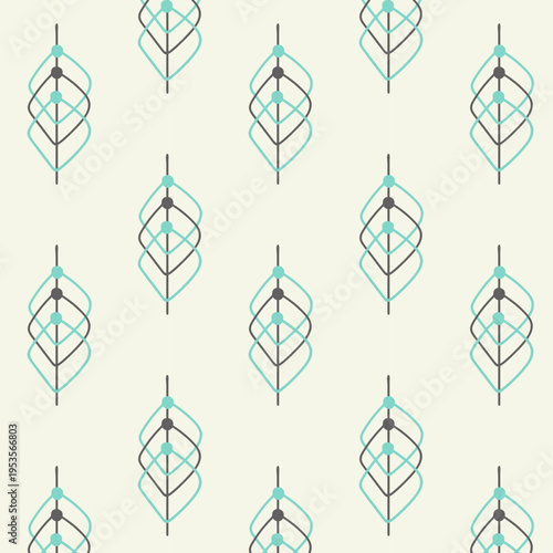 Seamless Mid-Century Modern Pattern with Abstract Linear Shapes and Teal Geometric Elements on Beige Background
