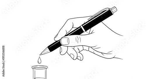 A hand holding a pen over a test tube with a drop of liquid isolated on transparent background, Vector