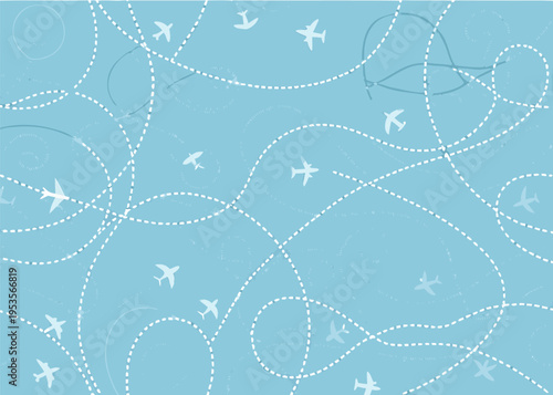 Blue background with white dotted lines and flying airplanes