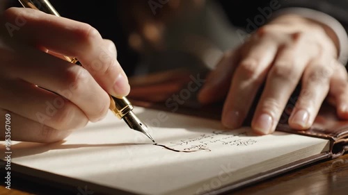A close-up shot of a person's hands writing with a fountain pen in a notebook.