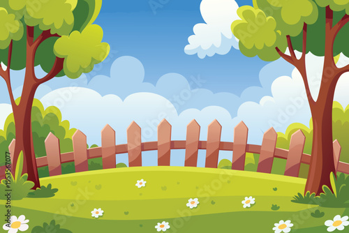 A cheerful cartoon landscape with trees fence and grassy hill