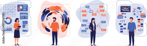 Software development workflow with analytics, coding, testing and data processing stages, modern technology team collaboration flat vector illustration set