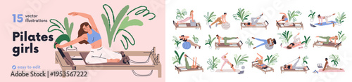 Pilates girls set. Women training, doing exercises, stretching. Fitness with reformer machines, simulators, balls, on mat. Healthy body workout. Flat vector illustration isolated on white background