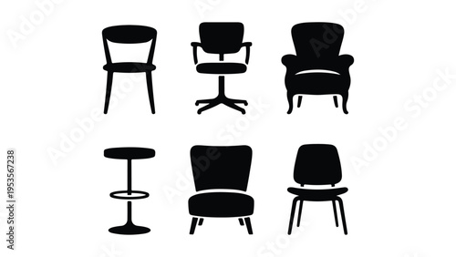 Chairs silhouette vetor set Black Silhouette Lineup of Diverse Office and Living Room Chairs and a Small Round Table
