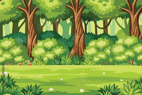 Lush green forest scene with trees foliage and a meadow