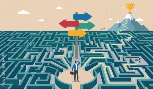 Path process development research management improvement development chart assessment project businessman finding the way in labyrinth to reach target