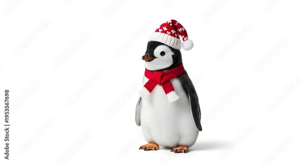 Fototapeta premium A cheerful cartoon penguin wearing a festive red and white winter hat and scarf