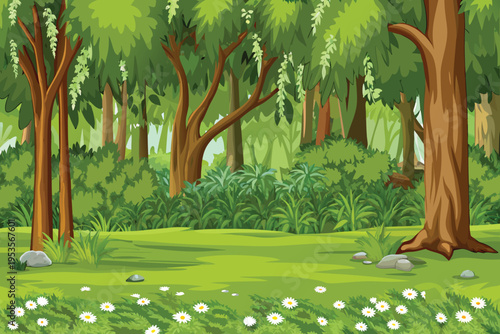 Lush green forest scene with trees grass and wildflowers