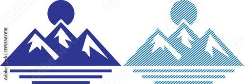 Vector majestic mountain landscape silhouette - blue and striped sun icon