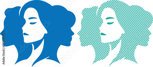 Vector female profile silhouettes in blue and teal contrasting styles