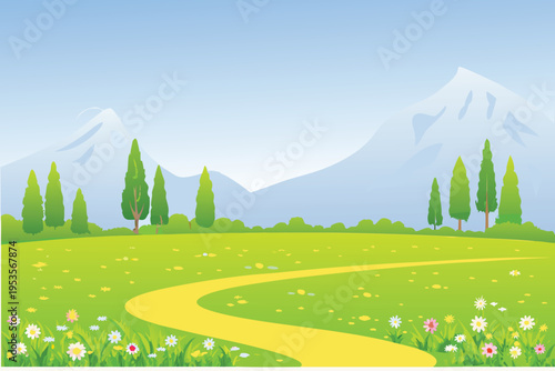 A peaceful landscape featuring a winding path and distant mountains