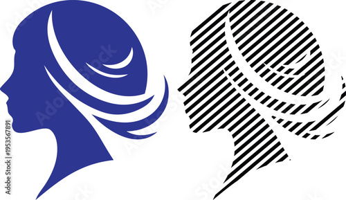 Vector elegant female profile silhouettes in blue and black stripes