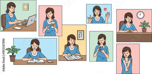 Woman daily routine activities set with working studying relaxing and communication scenes, lifestyle moments collection flat vector illustration