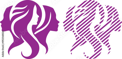 Vector purple female silhouettes with flowing hair and striped style