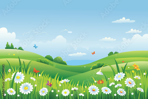 A vibrant cartoon landscape featuring rolling hills and wildflowers