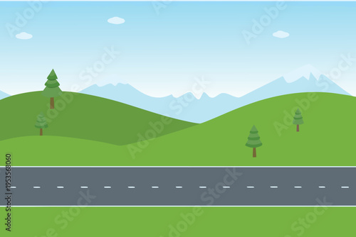 Simple cartoon landscape with green hills trees and a road