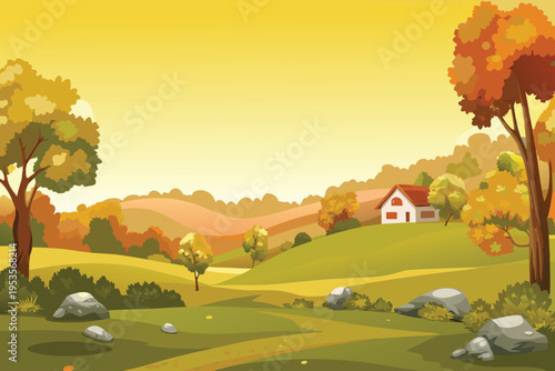 Autumn landscape featuring a cozy house amidst rolling hills