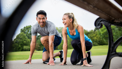 Amateur workout partners bursting into spontaneous laughter while trying to hold a serious sprinter's pose for a friendly neighborhood race.