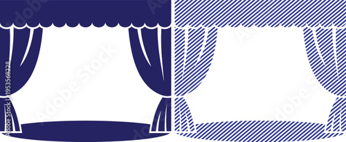 Vector stage curtains icon set in blue, solid and striped styles, theater curtains