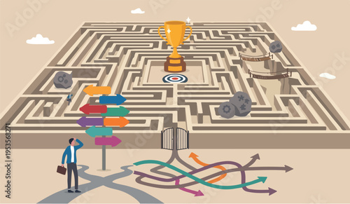 Path to, challenge to find the way to achieve target or goal and win trophy, solve problem or business decision concept, contemplation businessman finding the way in labyrinth to reach target
