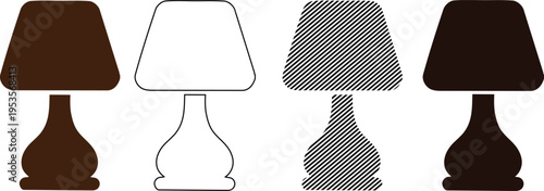 Vector table lamps set in brown and striped styles, solid and outline, table lamp
