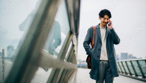 Creative entrepreneur receiving a reassuring project update during a relaxed walk between city meetings.