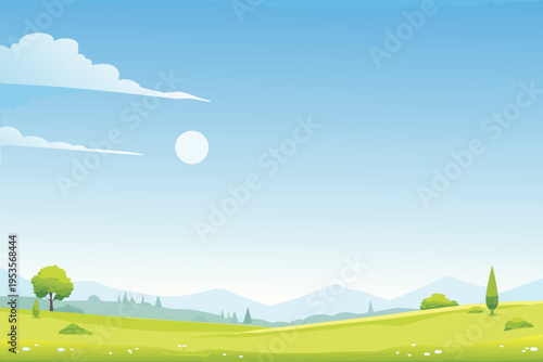 A serene landscape featuring rolling green hills and a blue sky