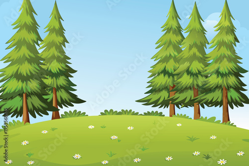 A vibrant landscape featuring lush green trees and a grassy hill