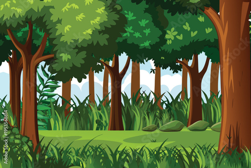Lush forest scene with tall trees and vibrant green foliage