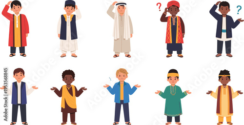 Diverse People Cartoon Characters Vector Set with Different Cultures Traditional Clothing and Confused Expressions Multicultural Kids Illustration Collection for Education Design