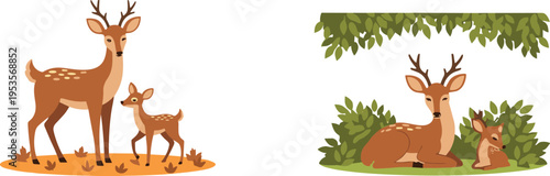 Deer Family Cartoon Vector Illustration with Fawn and Stag in Forest Scene Wildlife Nature Characters with Trees Grass and Leaves Design Set