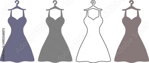 Vector dress icons set: fashionable gowns in solid, patterned, and outline vector styles