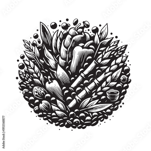 Black Risotto Primavera Silhouette Vector, High Quality Illustration on White Background