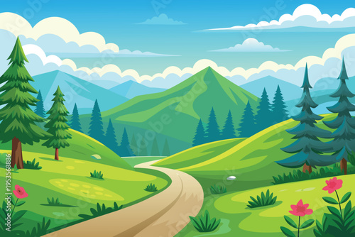 A winding path leads through a vibrant green mountain landscape