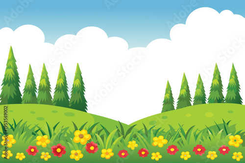 Cartoon landscape with green hills flowers trees and blue sky