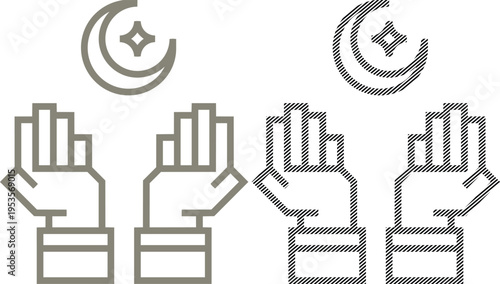 Vector islamic prayer hands and crescent moon symbol set in line and hatching styles with line art