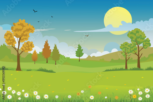 Scenic landscape with trees hills and a bright yellow moon