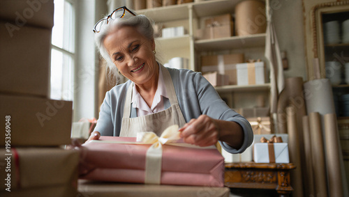 Senior artisan small business owner experiencing quiet pride while meticulously hand-tying a finishing ribbon on a custom boutique order.