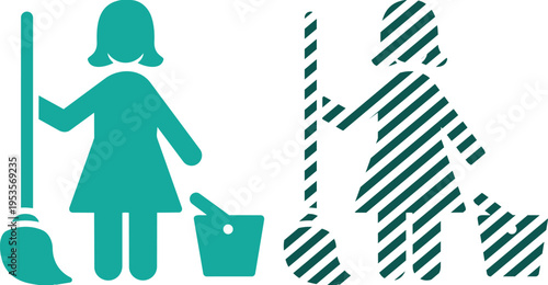 Vector cleaning lady icon with mop and bucket vector silhouette
