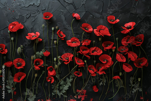 Red poppies on a black stone background, dramatic contrast, close-up of flowers, emphasis on form and color, dramatic shot