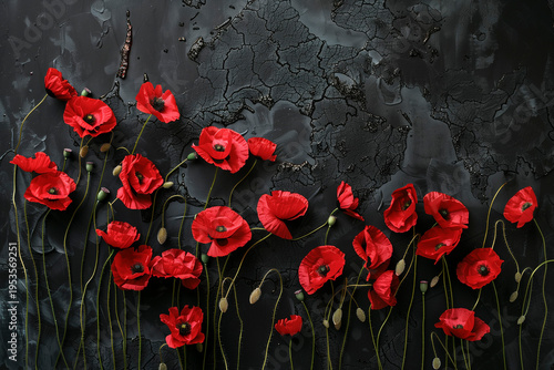 Red stylized poppies on a rough black background with copy space