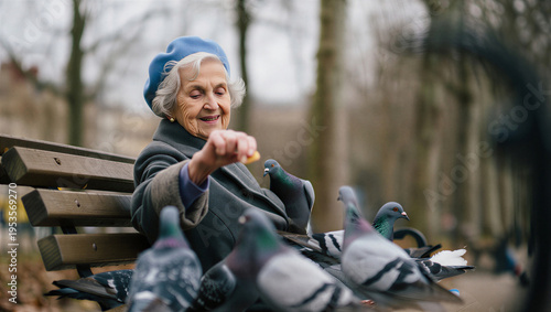 Elegant septuagenarian practicing urban mindfulness and finding joyful companionship through her daily winter ritual of hand-feeding city pigeons.