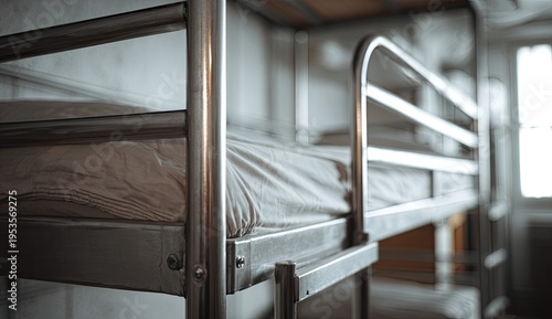 Close up of a metal bunk bed with a mattress and safety rail.