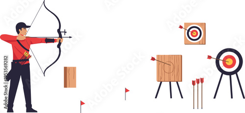 Archer shooting bow at target practice range with wooden boards and arrows, archery training sport concept flat vector illustration